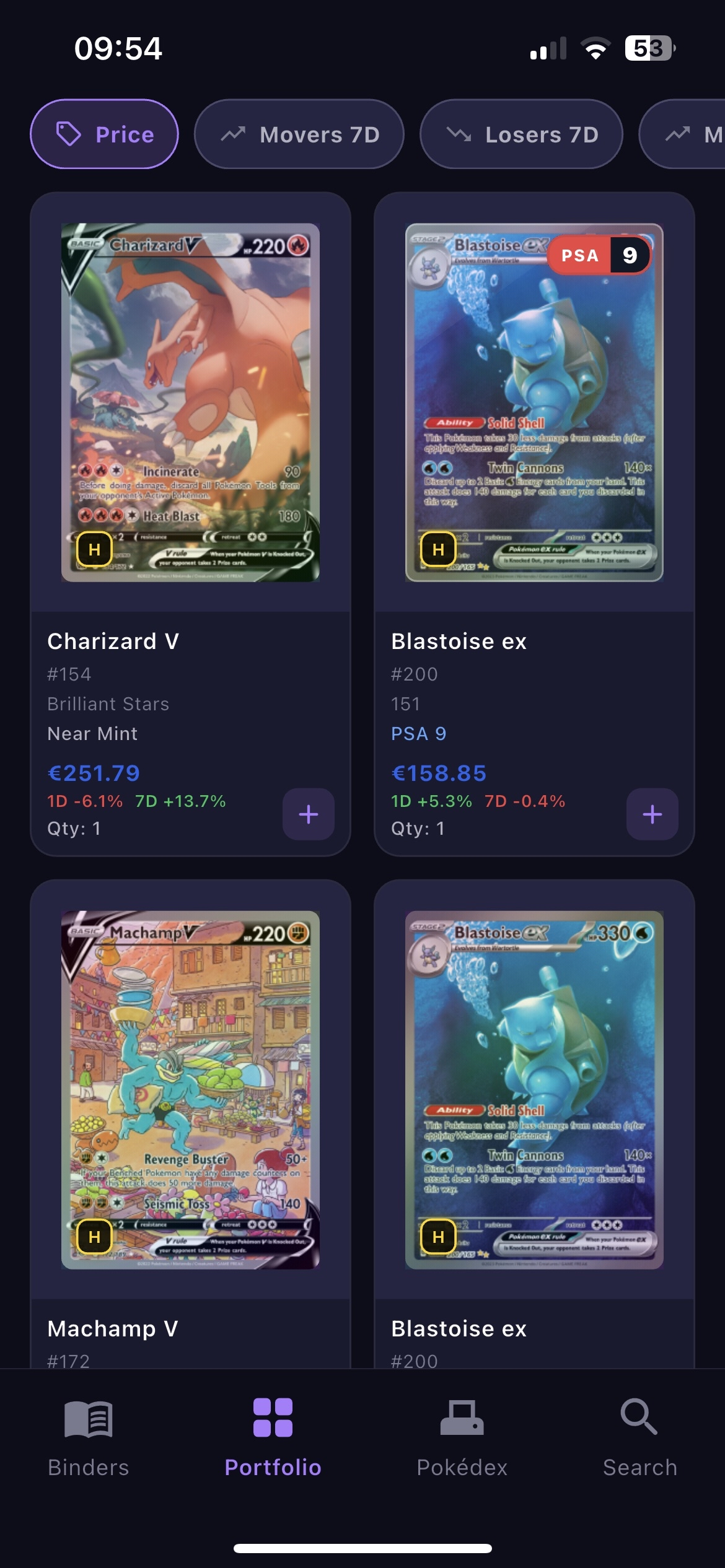 BinderWiz Pokemon TCG portfolio price tracking screen