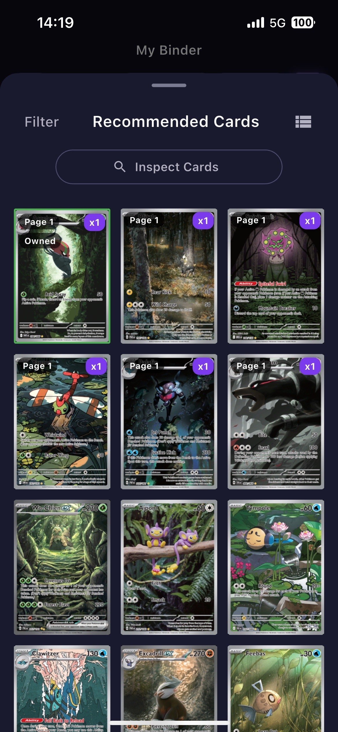 Pokemon TCG App binder screen